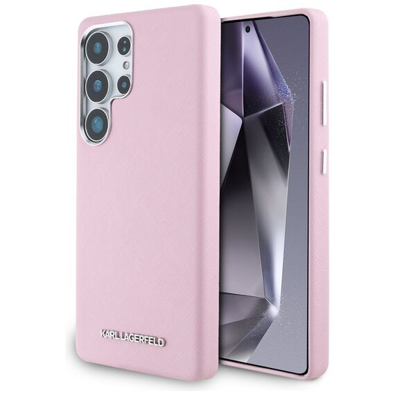 Karl Lagerfeld Saffiano Full Wrapped Elongated Metal Logo MagSafe Case for Samsung Galaxy S25 Ultra - Pink | Techbox