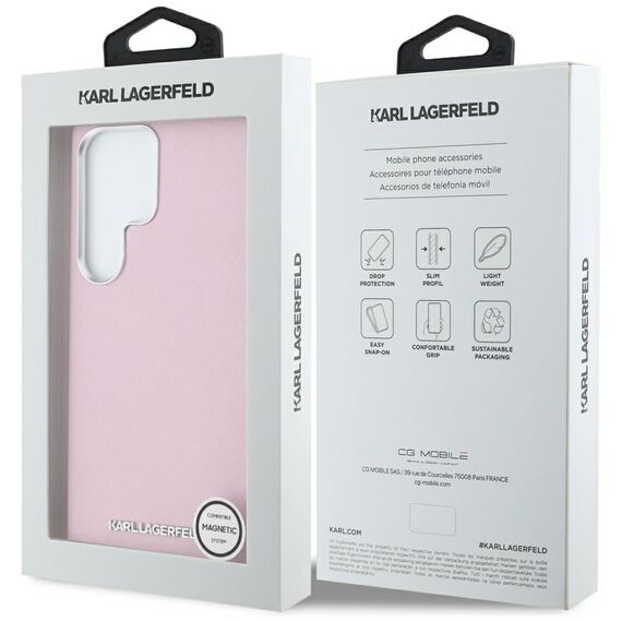 Karl Lagerfeld Saffiano Full Wrapped Elongated Metal Logo MagSafe Case for Samsung Galaxy S25 Ultra - Pink | Techbox