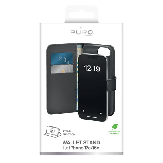 Puro Eco-Leather Case for iPhone 16E W/horiz.flip+2 Card Slot+Banknote Pocket+Cover Black | Techbox