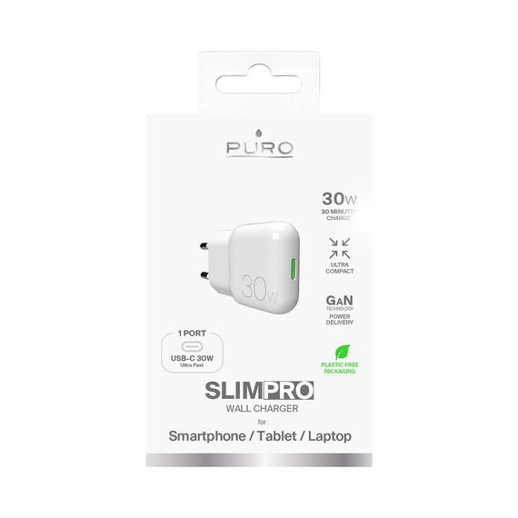 GaN Puro SLIMPRO 30W USB-C Wall Charger - White | Techbox
