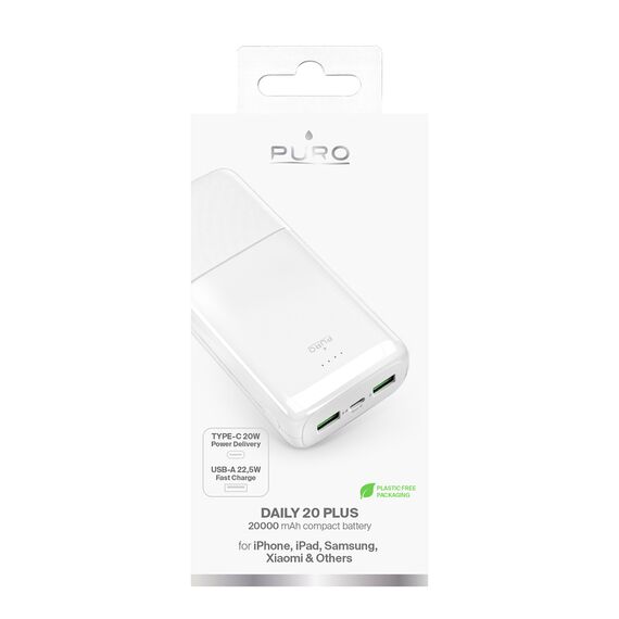 Powerbank Puro DAILY 20 PLUS 20000mAh 2x USB-A / 1x USB-C 22.5W PD AFC - white | Techbox