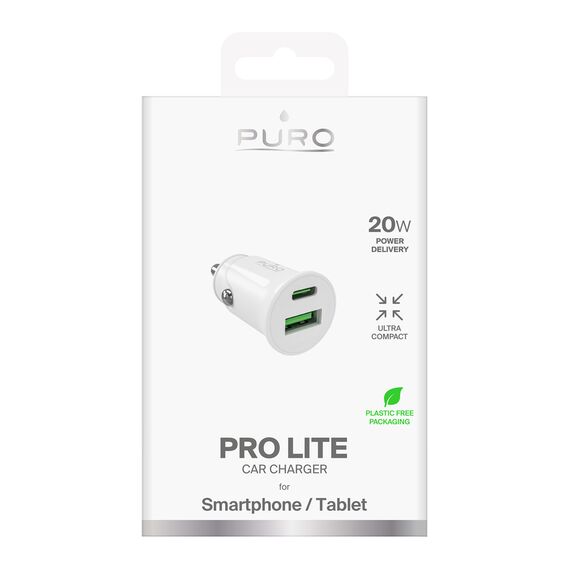 Puro Pro Lite Car Charger 1x USB-A + 1x USB-C Power Delivery 20W - White | Techbox
