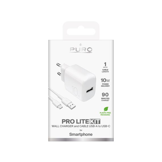 Puro PROLITE 10W USB-A wall charger + USB-A - USB-C cable 1.2m - white - Travel Chargers - Smartphone Chargers - Techbox
