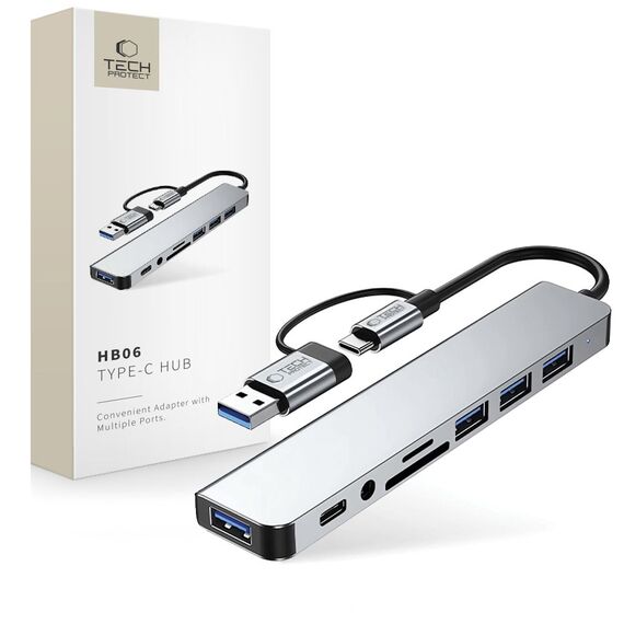 Tech-Protect HB06 HUB Adapter 8in1 TYPE-C + USB2.0 + USB3.0 + SD/TF + AV3.5 - gray - USB Hubs & Card Readers - Peripherals - Techbox