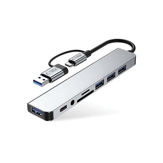 Tech-Protect HB06 HUB Adapter 8in1 TYPE-C + USB2.0 + USB3.0 + SD/TF + AV3.5 - gray - USB Hubs & Card Readers - Peripherals - Techbox