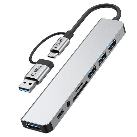 Tech-Protect HB06 HUB Adapter 8in1 TYPE-C + USB2.0 + USB3.0 + SD/TF + AV3.5 - gray - USB Hubs & Card Readers - Peripherals - Techbox