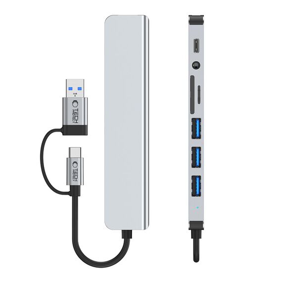 Tech-Protect HB06 HUB Adapter 8in1 TYPE-C + USB2.0 + USB3.0 + SD/TF + AV3.5 - gray - USB Hubs & Card Readers - Peripherals - Techbox