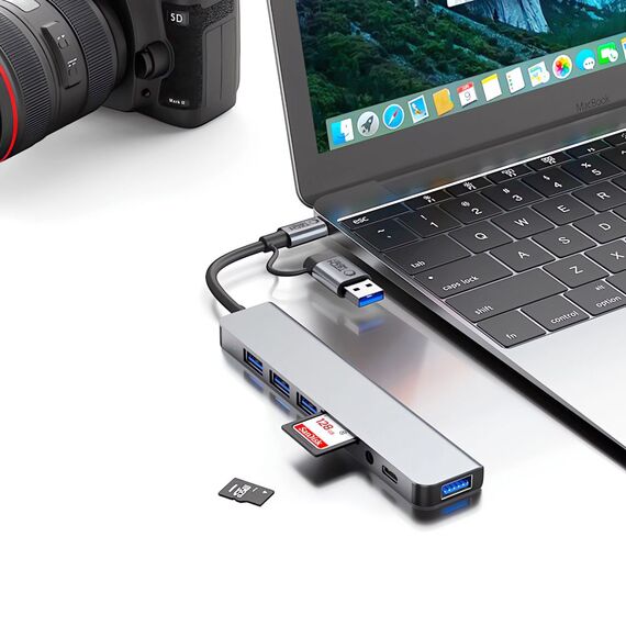 Tech-Protect HB06 HUB Adapter 8in1 TYPE-C + USB2.0 + USB3.0 + SD/TF + AV3.5 - gray - USB Hubs & Card Readers - Peripherals - Techbox