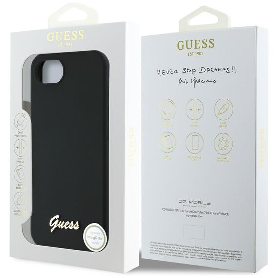 Guess Silicone Script Metal Logo MagSafe iPhone 16e Case - Black | Techbox
