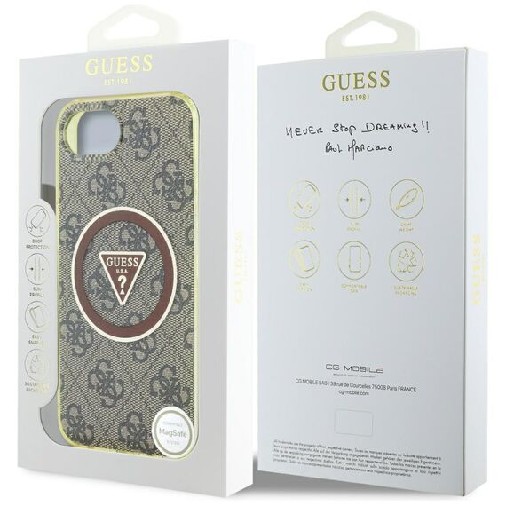 Guess IML Metal Glitter 4G Circle Triangle MagSafe case for iPhone 16e - brown | Techbox