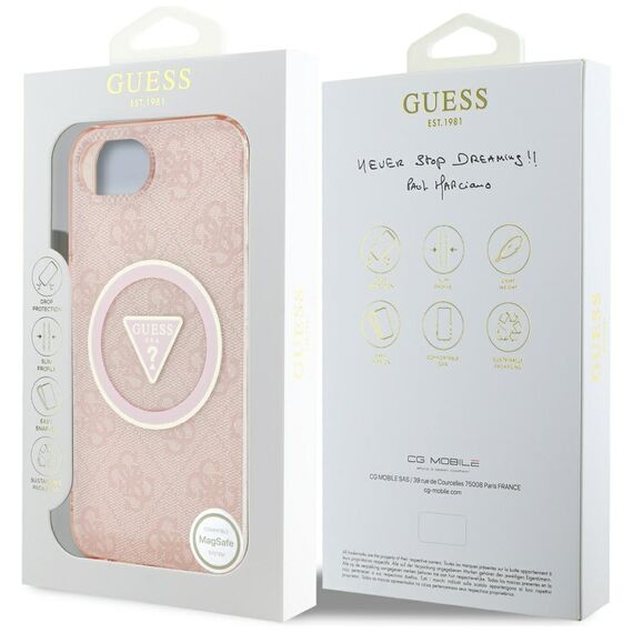 Guess IML Metal Glitter 4G Circle Triangle MagSafe case for iPhone 16e - pink | Techbox