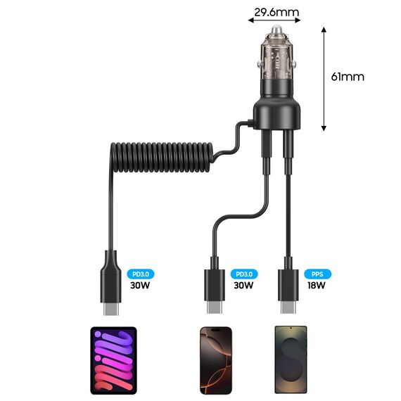 CC05 Car Charger 2-Port PD60 W + USB-C Cable - Black | Techbox
