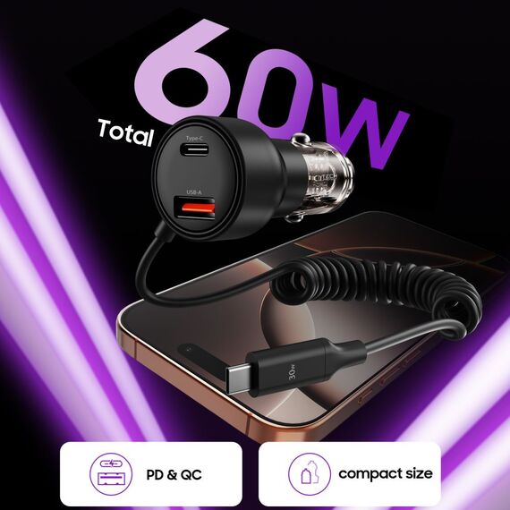 CC05 Car Charger 2-Port PD60 W + USB-C Cable - Black | Techbox