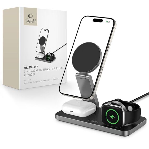 Tech-Protect QI15W-A47 MagSafe 3in1 Inductive Charger + USB-C Cable - Black - Cables & Adapters - Cables & Accessories - Techbox