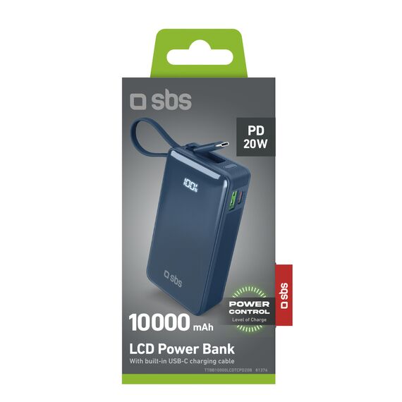 Powerbank SBS 10000 mAh 20W with built-in USB-C cable and digital display - dark gray | Techbox