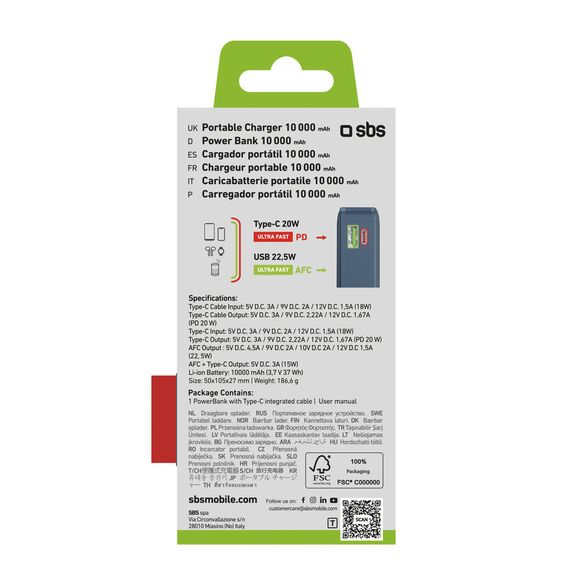 Powerbank SBS 10000 mAh 20W with built-in USB-C cable and digital display - dark gray | Techbox