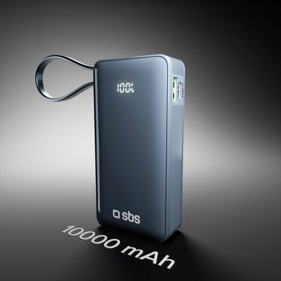 Powerbank SBS 10000 mAh 20W with built-in USB-C cable and digital display - dark gray | Techbox