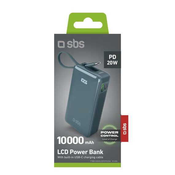 Powerbank SBS 10000 mAh 20W with built-in USB-C cable and digital display - gray | Techbox