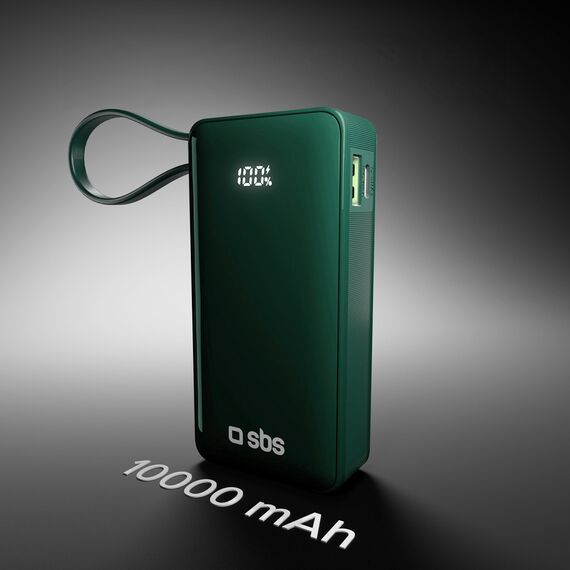 Powerbank SBS 10000 mAh 20W with built-in USB-C cable and digital display - green - Travel Chargers - Smartphone Chargers - Techbox