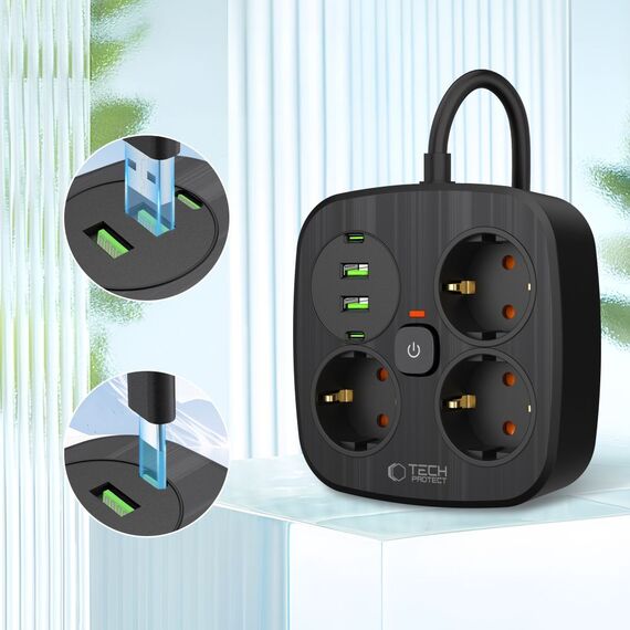 Tech-Protect PCS3X4 power strip, 3 sockets, 2xUSB-A, 2xUSB-C 200 cm - black