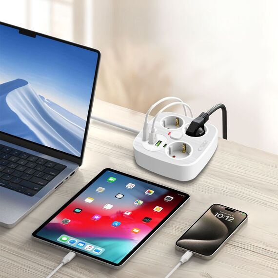Tech-Protect PCS3X4 power strip, 3 sockets, 2xUSB-A, 2xUSB-C 200 cm - white