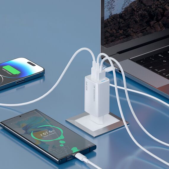 Wozinsky GaN 65W Charger with USB-A 2xUSB-C Ports with 65W USB-C Cable - White