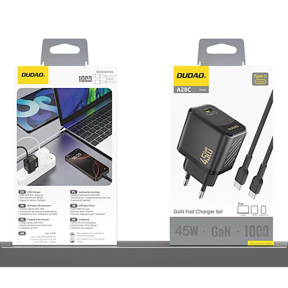 Dudao A28C 45W GaN Wall Charger + USB-C Cable - Black | Techbox