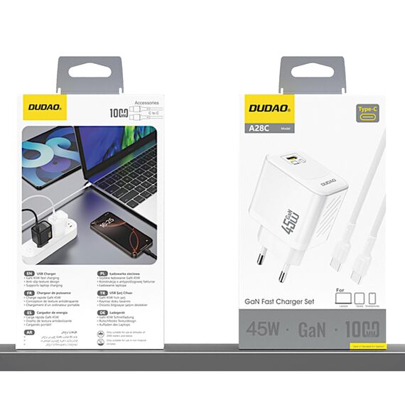 Dudao A28C 45W GaN Wall Charger + USB-C Cable - White | Techbox