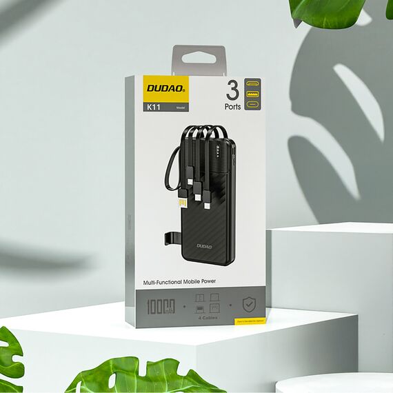 Dudao K11 10000mAh Powerbank with Built-in Cables - Black | Techbox