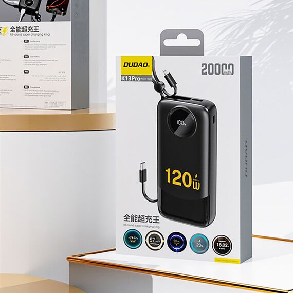 Dudao K13Pro 20000mAh Powerbank with Built-in Cable - Black - Travel Chargers - Smartphone Chargers - Techbox