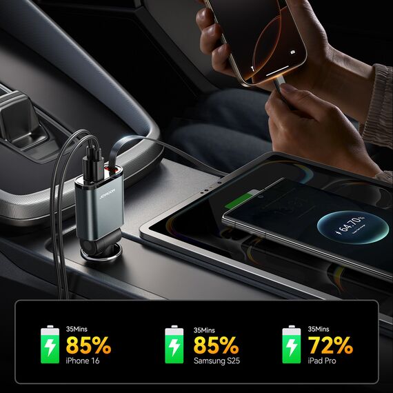 Joyroom JR-CCL07 3-in-1 Car Charger with Built-in Retractable Cable - Dark Gray | Techbox
