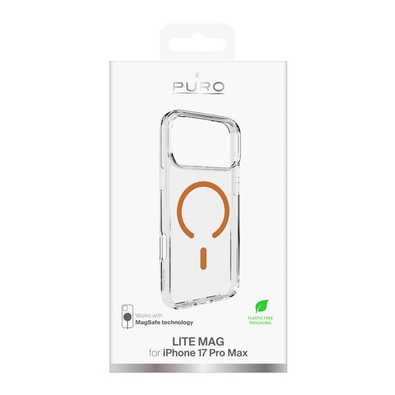 Puro Lite Mag TPU+PC Case Compatible with MagSafe for iPhone 17 Pro Max - Transparent with Orange Ring | Techbox