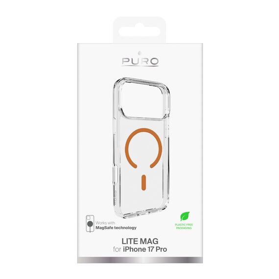 Puro Lite Mag TPU+PC Case Compatible with MagSafe for iPhone 17 Pro - Transparent with Orange Ring | Techbox