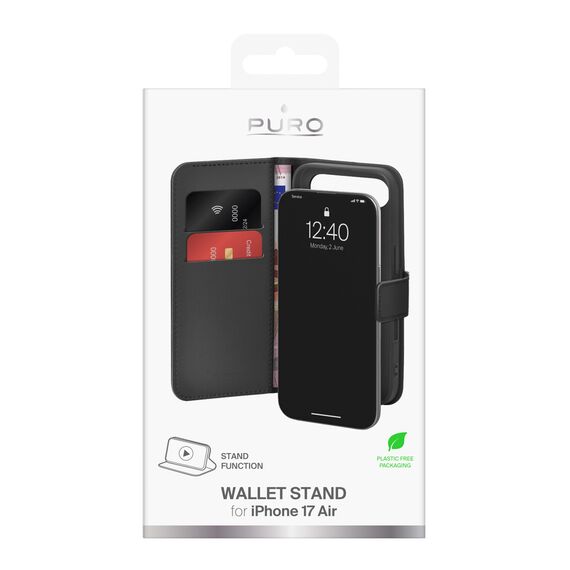 Puro Wallet Stand Case for iPhone 17 Air made of eco-leather, with a flap, wallet and stand function - black - Apple Cases - Cases - Techbox
