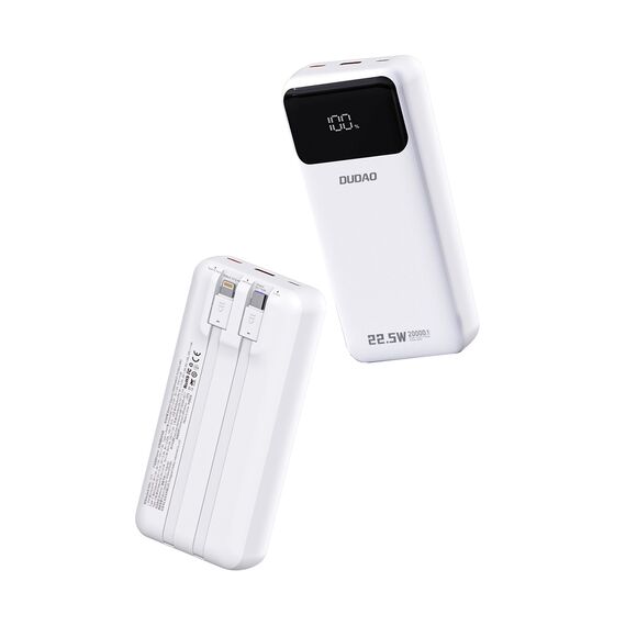 Dudao K15Pro Power Bank 20000mAh 22.5W PD USB-C / USB-A / Built-in Lightning and USB-C Cables - White - Travel Chargers - Smartphone Chargers - Techbox