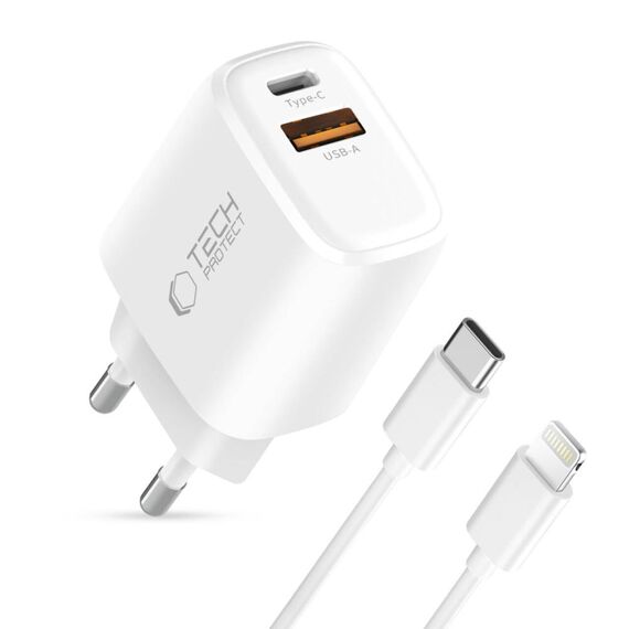 Tech-Protect NCA20 PD 20W QC3.0 USB-A / USB-C Wall Charger + USB-C / Lightning Cable 100cm - White - Cables & Adapters - Cables & Accessories - Techbox