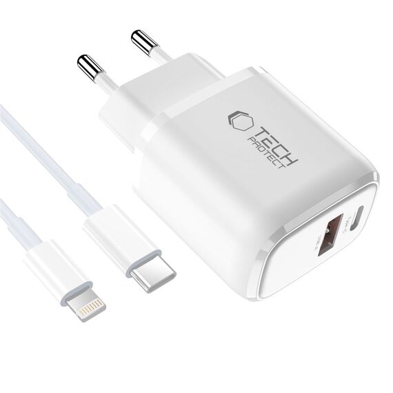 Tech-Protect NCA20 PD 20W QC3.0 USB-A / USB-C Wall Charger + USB-C / Lightning Cable 100cm - White - Cables & Adapters - Cables & Accessories - Techbox