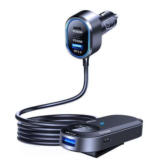 3mk Double Car Charger 135W PD QC PPS USB-C USB-A - Black