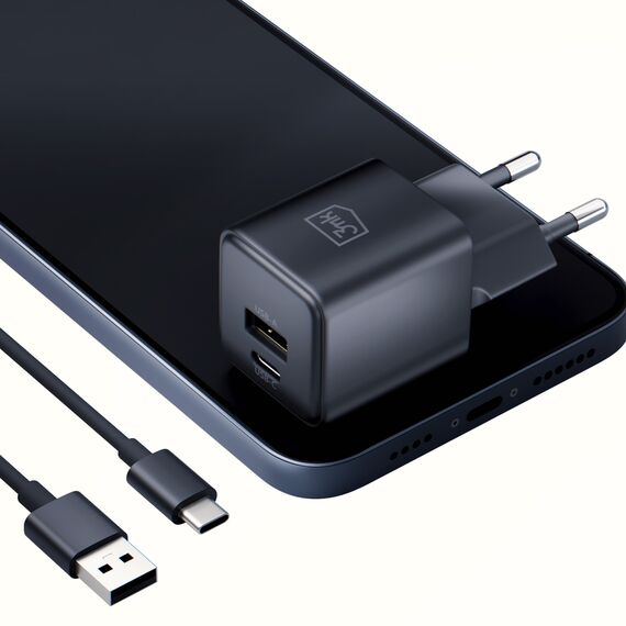 3mk Hyper GaN Charger 20W QC4+ PD PPS USB-C USB-A Wall Charger - Black