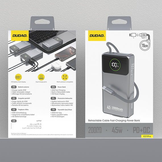 Dudao K31 Pro 45W 20000mAh Power Bank with Built-in Retractable USB-C Cable - Gray - Travel Chargers - Smartphone Chargers - Techbox