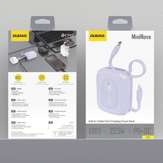Dudao K32 22.5W 10000 mAh Powerbank with Built-in USB-C/ Lightning Cable - Purple | Techbox