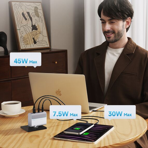 Cuktech AD1003EU 100W GaN 2x USB-C + USB-A Wall Charger with Cable - White - Travel Chargers - Smartphone Chargers - Techbox