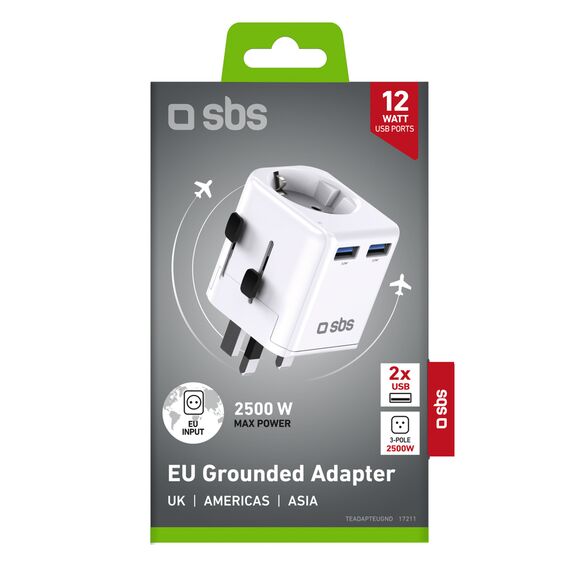 SBS universal travel adapter - EU 2xUSB-A - white | Techbox
