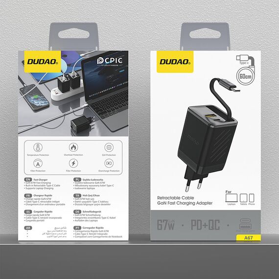 Dudao A67EU GaN 67W Wall Charger with Built-in Retractable USB-C Power Delivery Quick Charge Cable - Black | Techbox