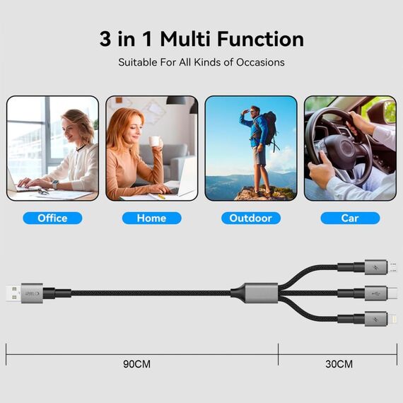 Tech-Protect UltraBoost DNA 3in1 USB-C / Micro-USB / Lightning cable 120 cm - gray