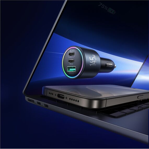 Joyroom JR-CCN07 145W Car Charger 2xUSB-C USB-A + 100W USB-C Cable - Dark Gray | Techbox