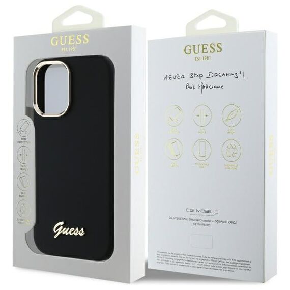 Guess Silicone Script Metal Logo &amp; Frame Case for iPhone 16 Plus - Black | Techbox