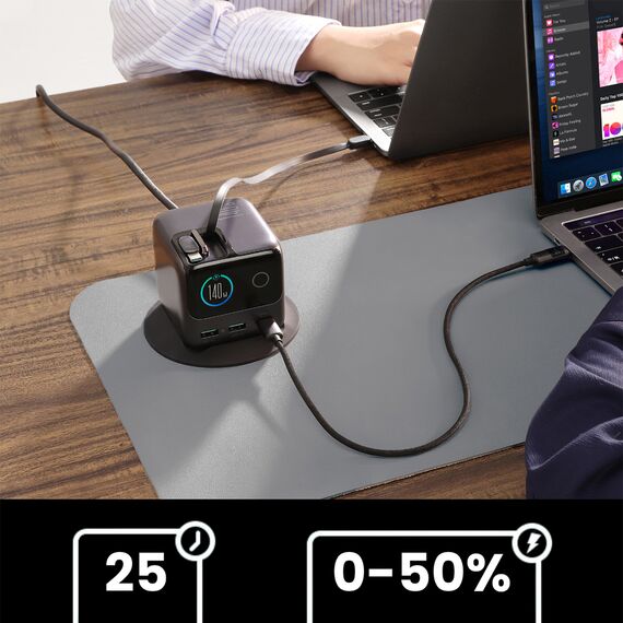 Joyroom Podix JR-TRD01 GaN 140W Desktop Charger with 5 Ports and Dual Retractable Cables - Gray | Techbox