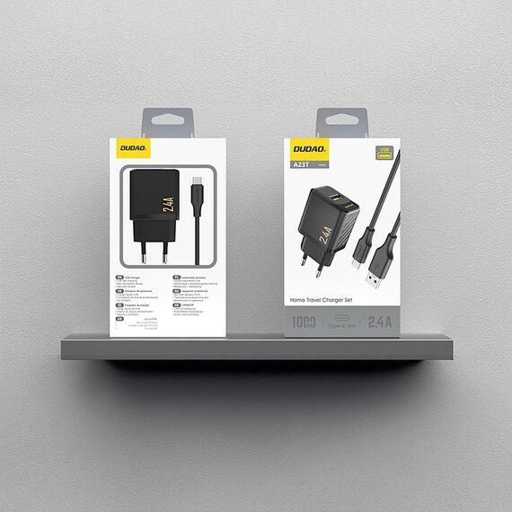 Dudao A23TEU 2.4A GaN USB-A Wall Charger with USB-A - USB-C Cable - Black - Travel Chargers - Smartphone Chargers - Techbox