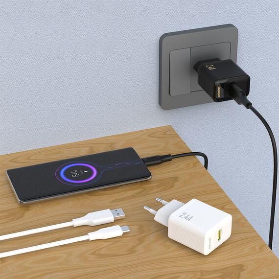 Dudao A23TEU 2.4A GaN USB-A Wall Charger with USB-A - USB-C Cable - White - Travel Chargers - Smartphone Chargers - Techbox